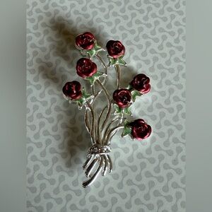 Vintage Silver and Red Rose Brooch